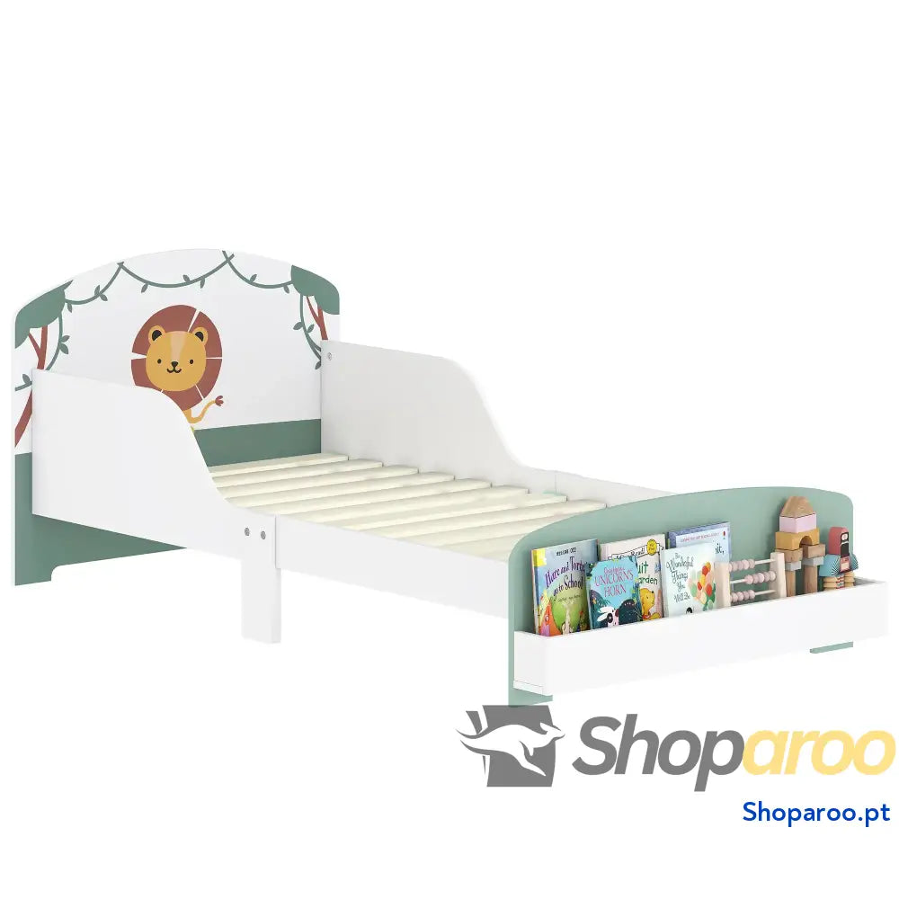 Cama Infantil para Crianças +3 Anos 70x140 cm em Madeira com Armazenamento e Desenho de Leão Quarto Verde