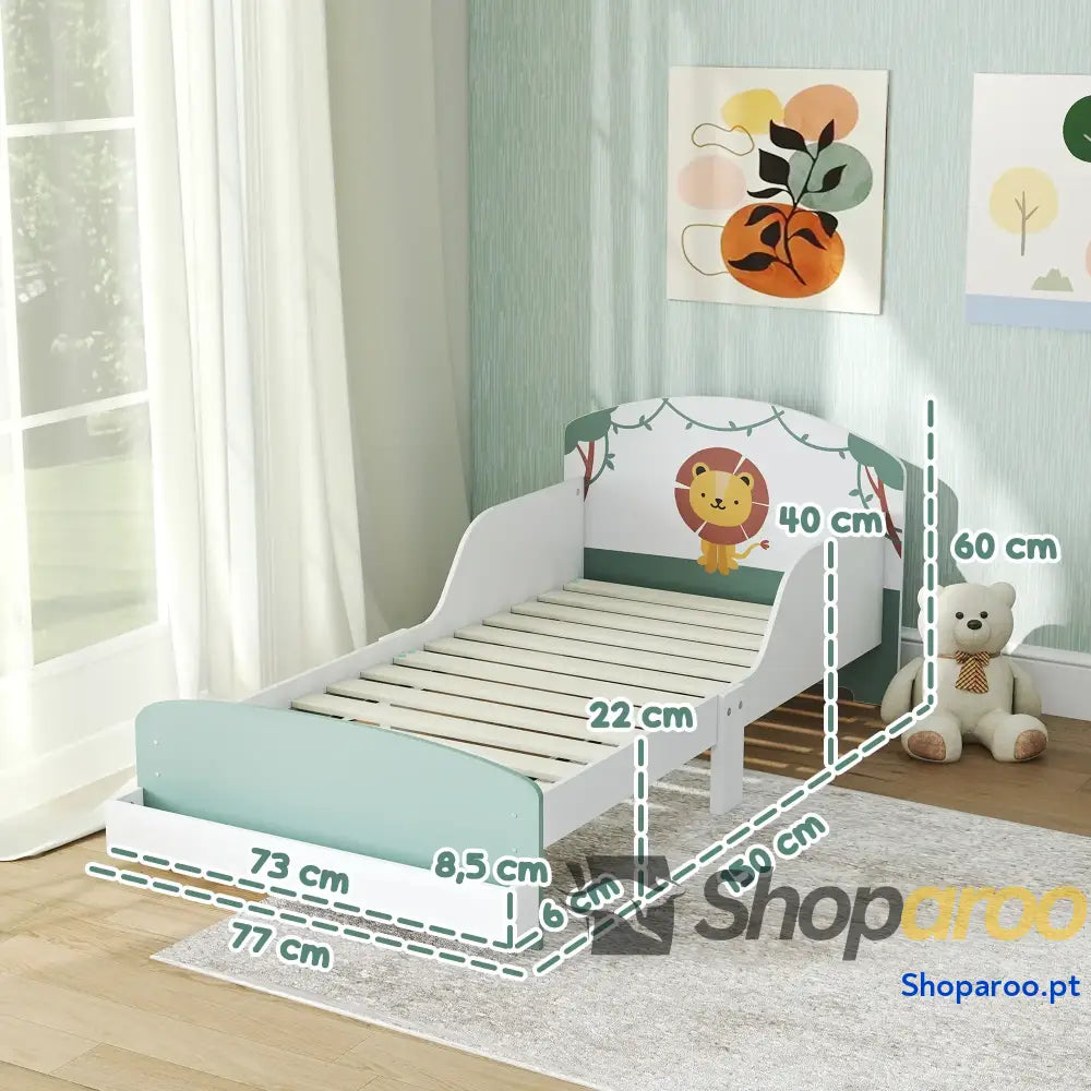 Cama Infantil para Crianças +3 Anos 70x140 cm em Madeira com Armazenamento e Desenho de Leão Quarto Verde