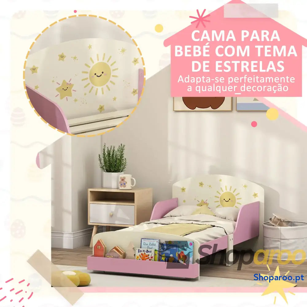 Cama Infantil para Crianças +3 Anos 70x140 cm em Madeira com Armazenamento e Desenhos de Estrelas Dormitório Rosa