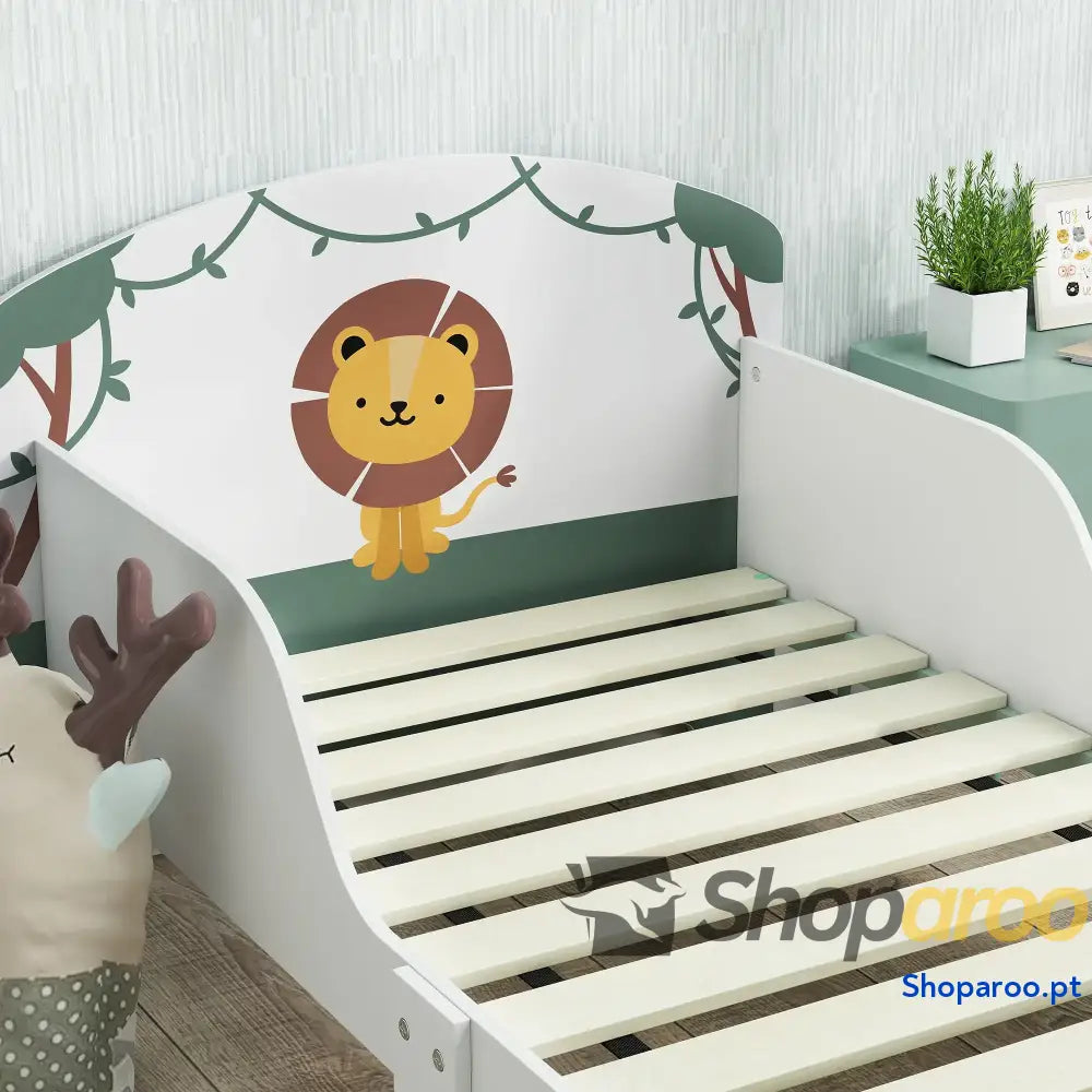 Cama Infantil para Crianças +3 Anos 70x140 cm em Madeira com Armazenamento e Desenho de Leão Quarto Verde