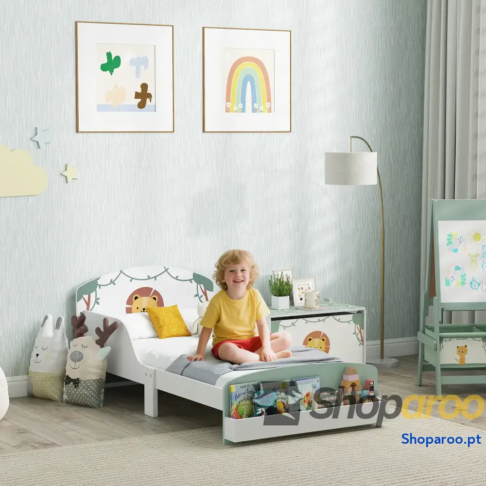 Cama Infantil para Crianças +3 Anos 70x140 cm em Madeira com Armazenamento e Desenho de Leão Quarto Verde