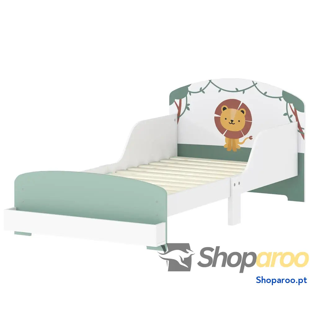 Cama Infantil para Crianças +3 Anos 70x140 cm em Madeira com Armazenamento e Desenho de Leão Quarto Verde