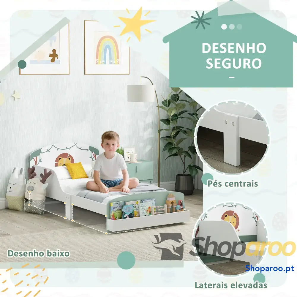 Cama Infantil para Crianças +3 Anos 70x140 cm em Madeira com Armazenamento e Desenho de Leão Quarto Verde