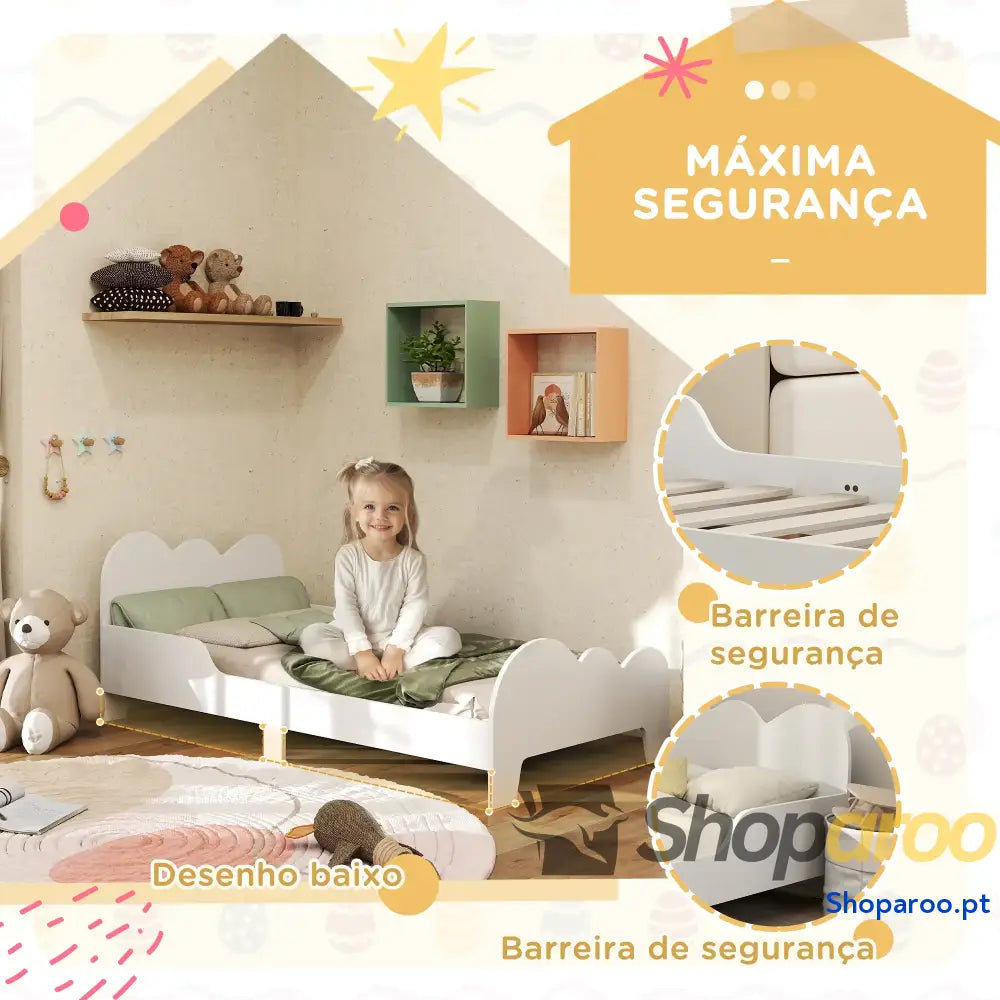 Cama para Crianças 143,5x74,5x56 cm Estrutura de Infantil com Desenho Núvem e Barreira Segurança Branco