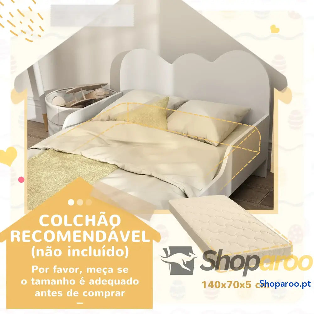 Cama para Crianças 143,5x74,5x56 cm Estrutura de Infantil com Desenho Núvem e Barreira Segurança Branco