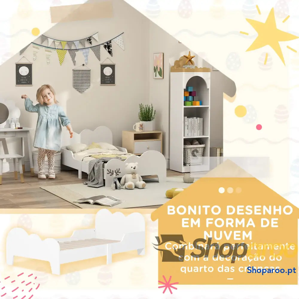 Cama para Crianças 143,5x74,5x56 cm Estrutura de Infantil com Desenho Núvem e Barreira Segurança Branco