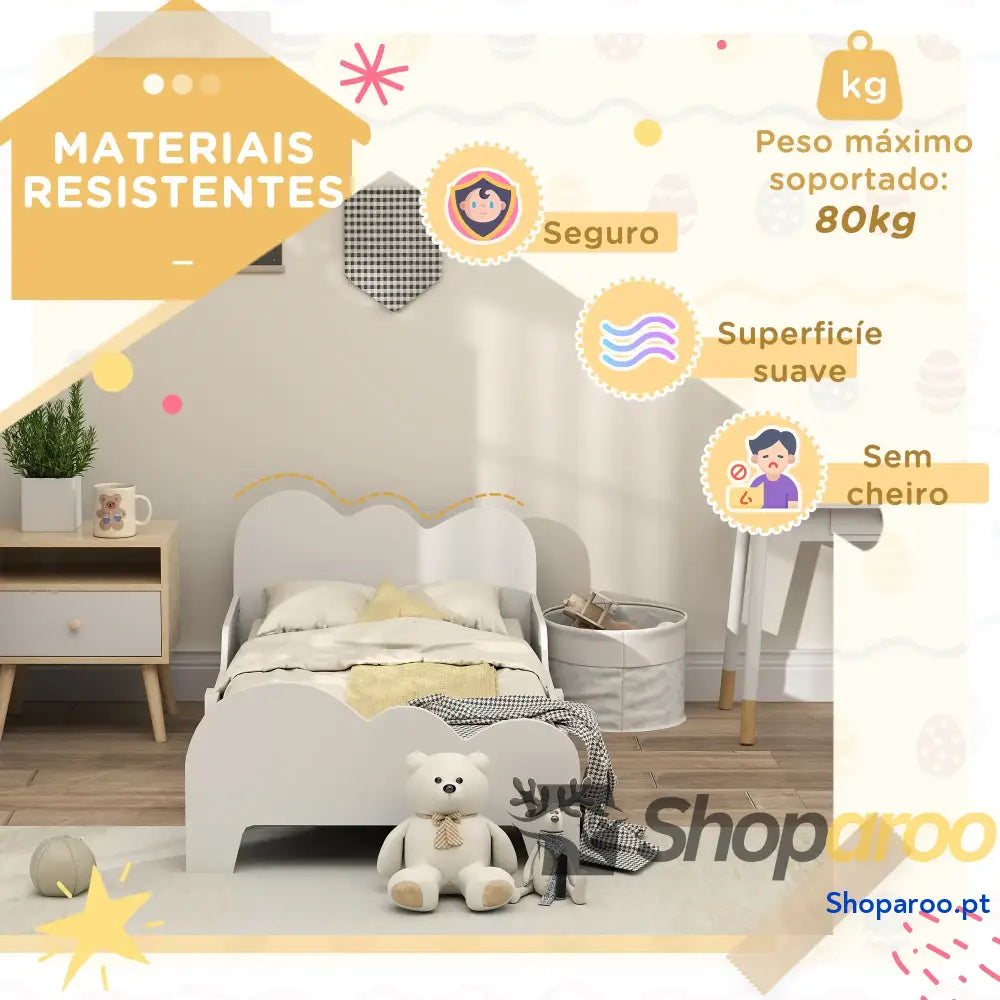 Cama para Crianças 143,5x74,5x56 cm Estrutura de Infantil com Desenho Núvem e Barreira Segurança Branco
