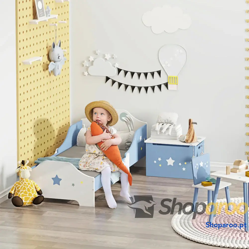 Cama para Crianças 143x74x59 cm Cama Infantil com Desenho em Estrelas Carga 50 kg para Dormitório Azul e Branco