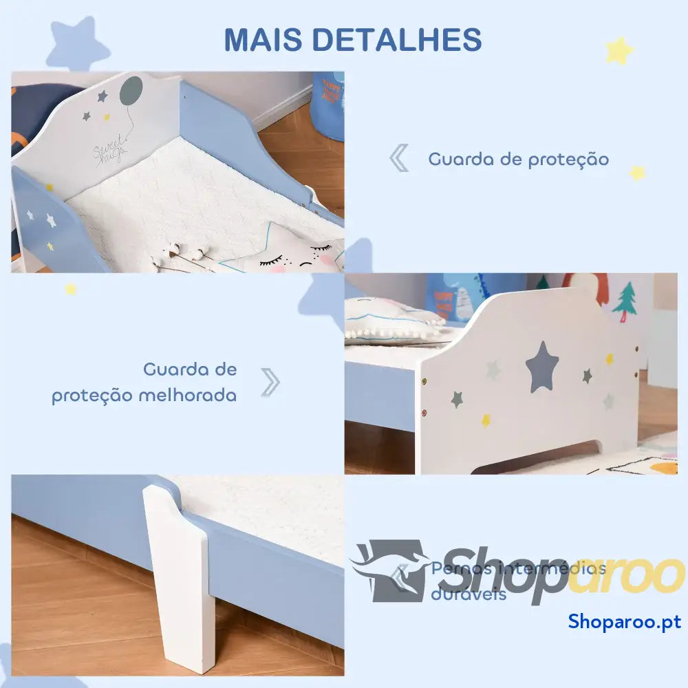 Cama para Crianças 143x74x59 cm Infantil com Desenho em Estrelas Carga 50 kg Dormitório Azul e Branco