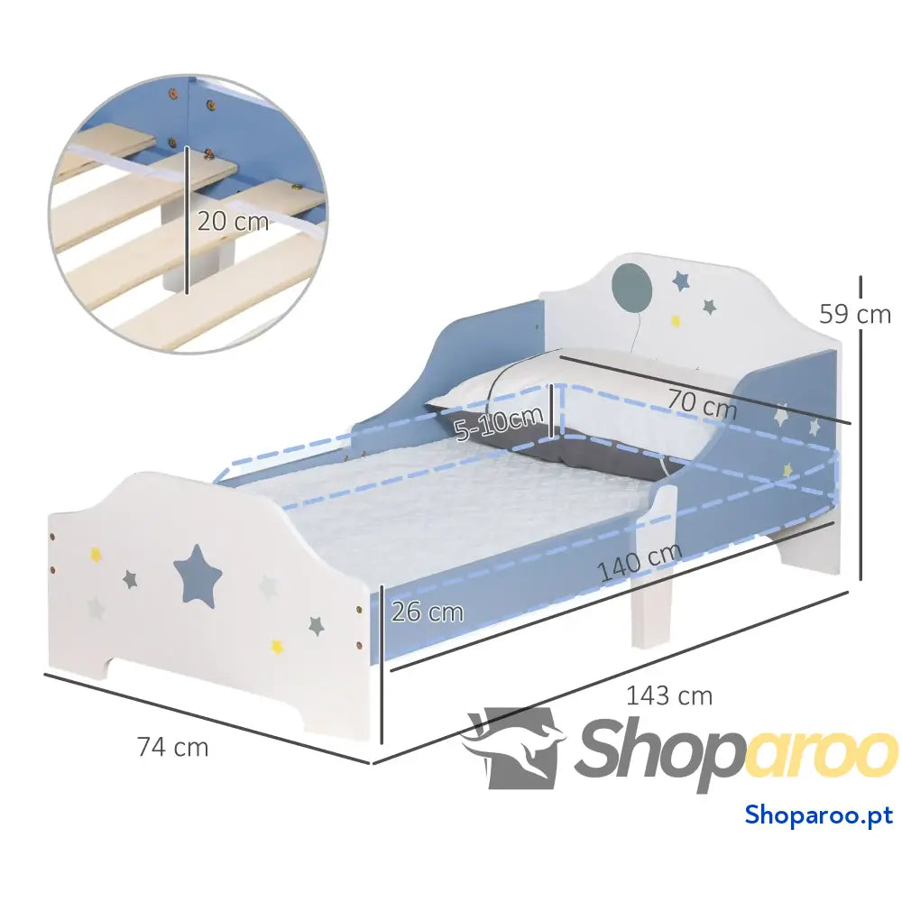 Cama para Crianças 143x74x59 cm Infantil com Desenho em Estrelas Carga 50 kg Dormitório Azul e Branco