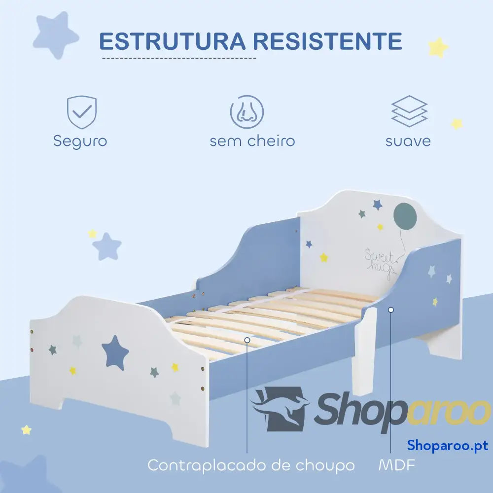 Cama para Crianças 143x74x59 cm Infantil com Desenho em Estrelas Carga 50 kg Dormitório Azul e Branco