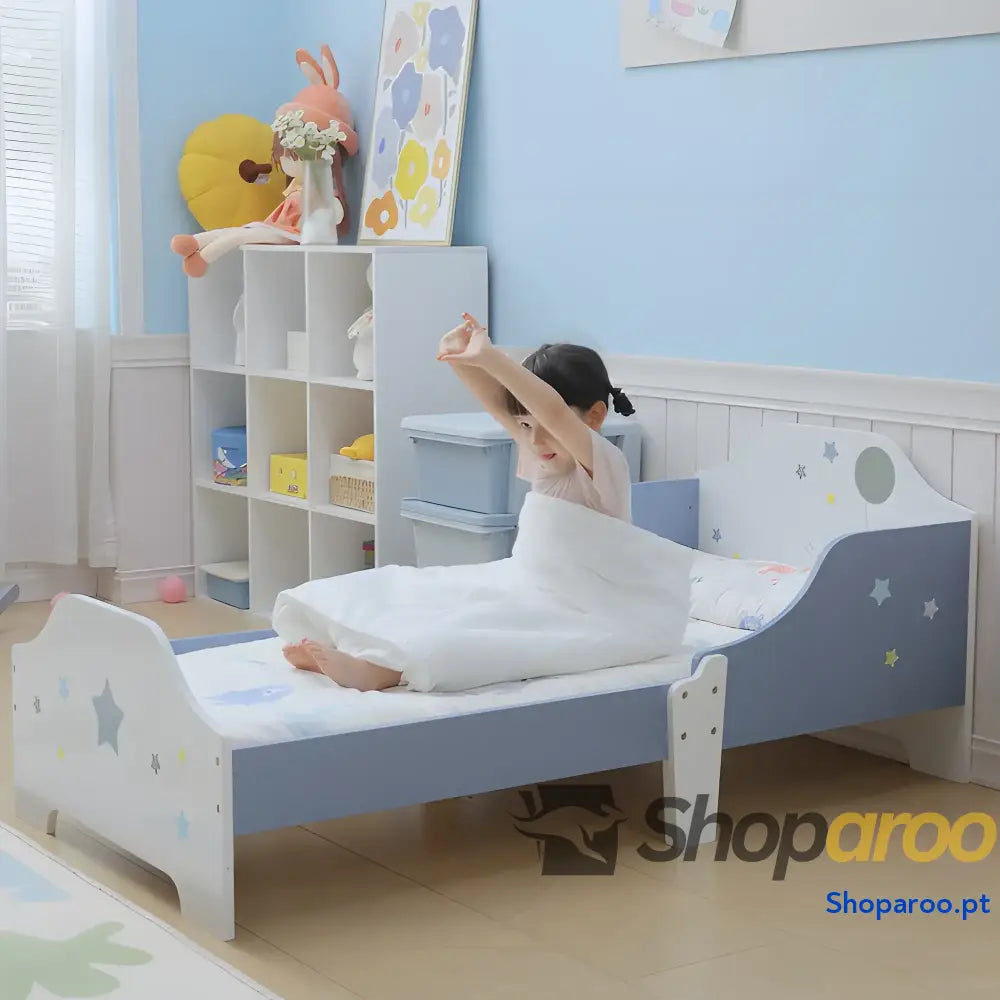 Cama para Crianças 143x74x59 cm Infantil com Desenho em Estrelas Carga 50 kg Dormitório Azul e Branco