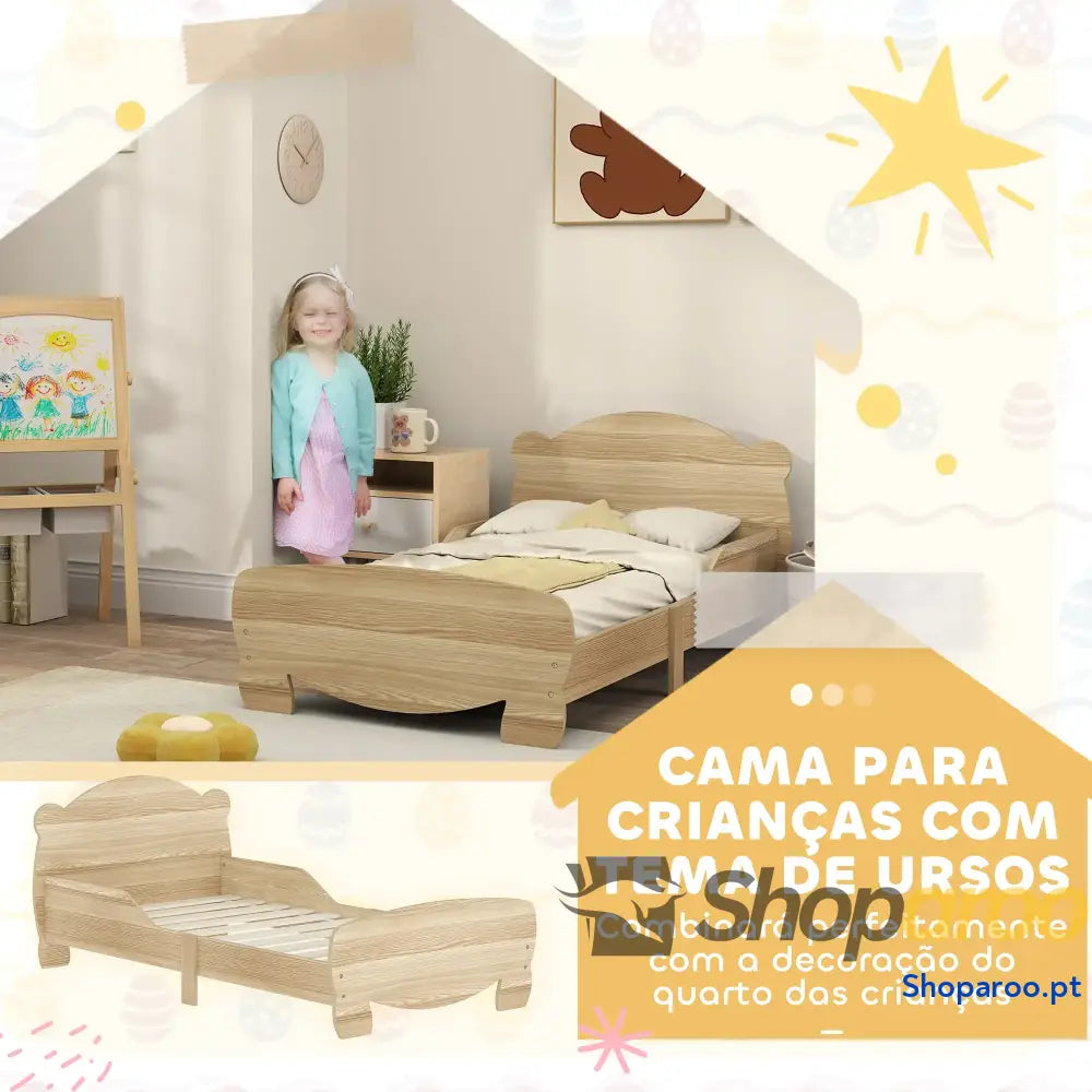 Cama para Crianças +3 Anos Infantil de Madeira Cabeceira em Forma Urso 143,5x80x55 cm