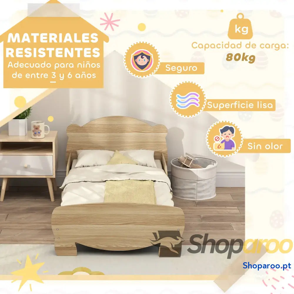 Cama para Crianças +3 Anos Infantil de Madeira Cabeceira em Forma Urso 143,5x80x55 cm