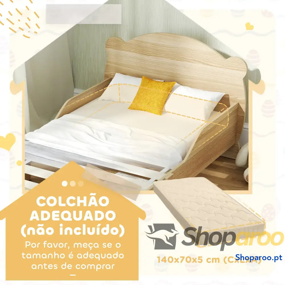 Cama para Crianças +3 Anos Infantil de Madeira Cabeceira em Forma Urso 143,5x80x55 cm