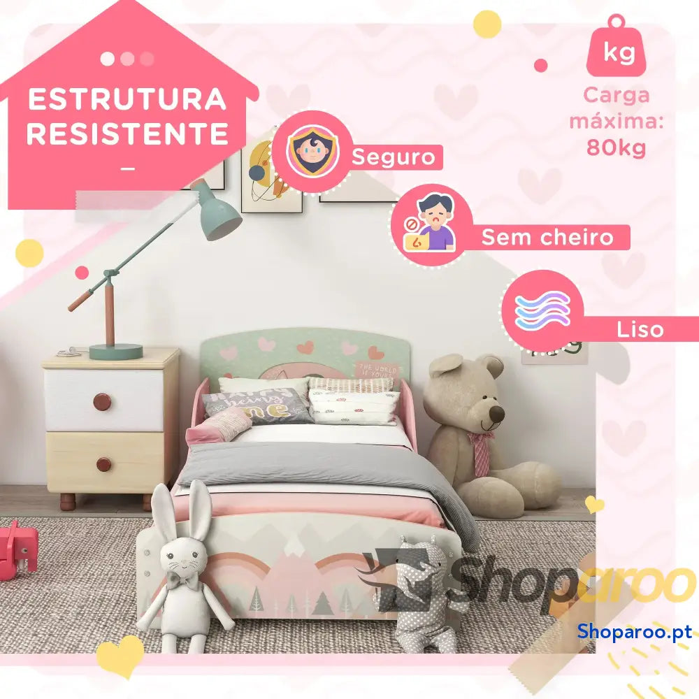Cama para Crianças de Madeira com Barreira Proteção e Estampados Carga Máx. 40 kg 143x77x60 cm Rosa