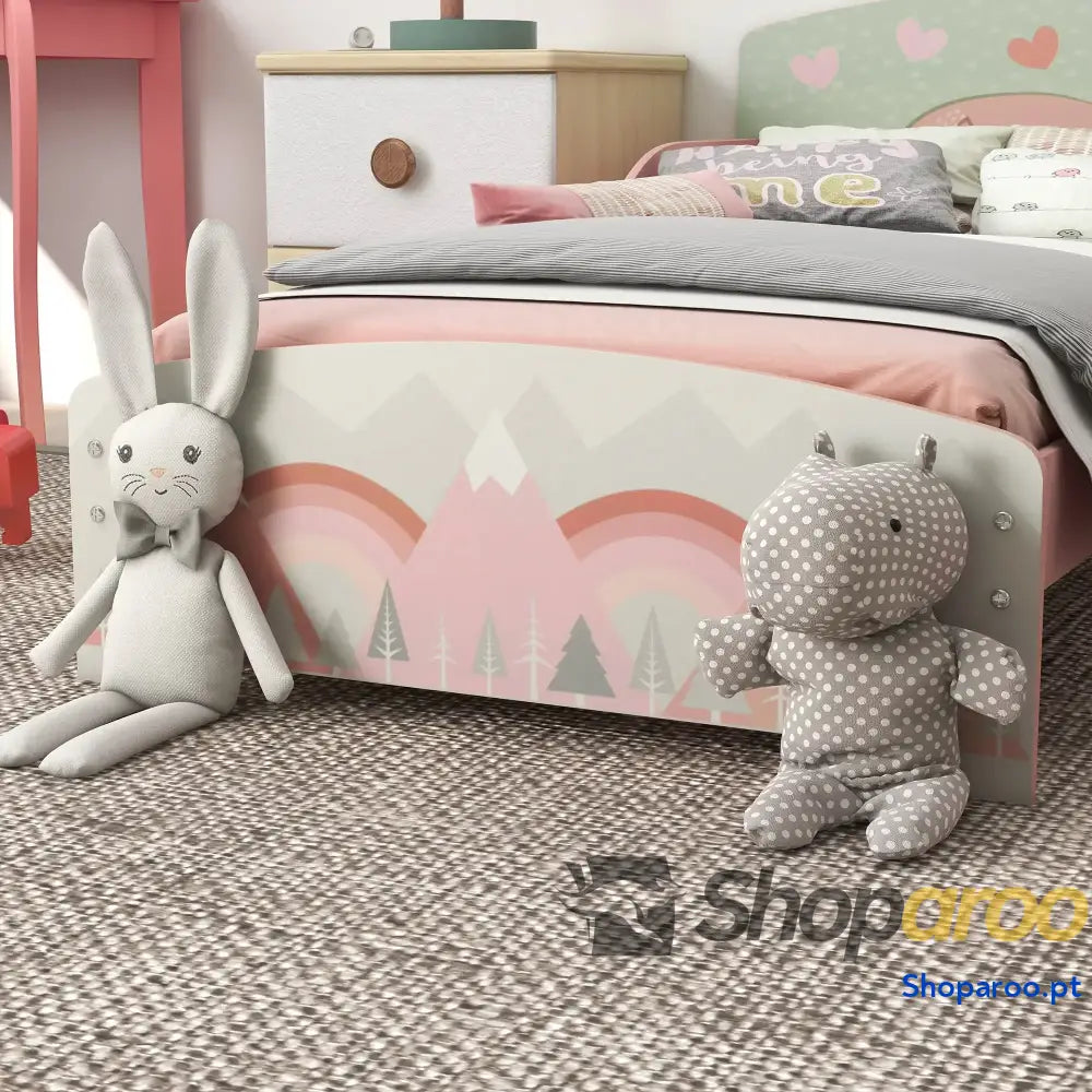 Cama para Crianças de Madeira com Barreira Proteção e Estampados Carga Máx. 40 kg 143x77x60 cm Rosa