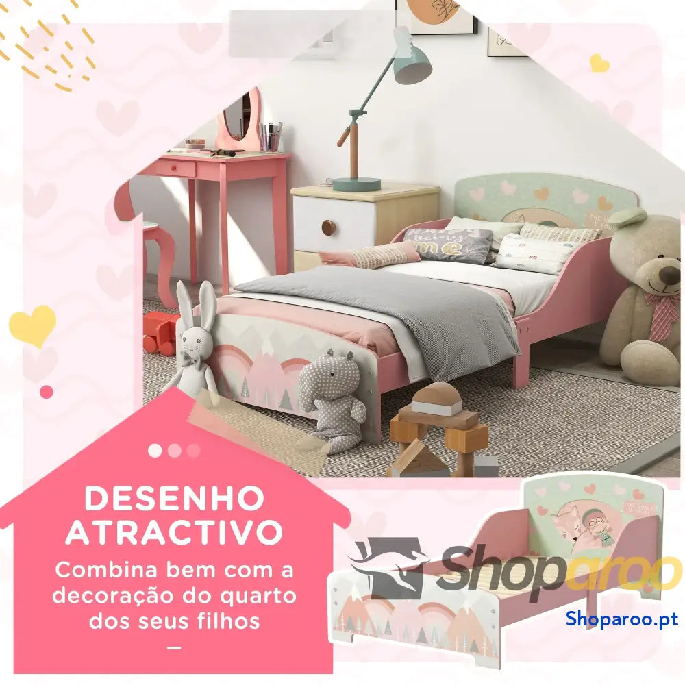 Cama para Crianças de Madeira com Barreira Proteção e Estampados Carga Máx. 40 kg 143x77x60 cm Rosa