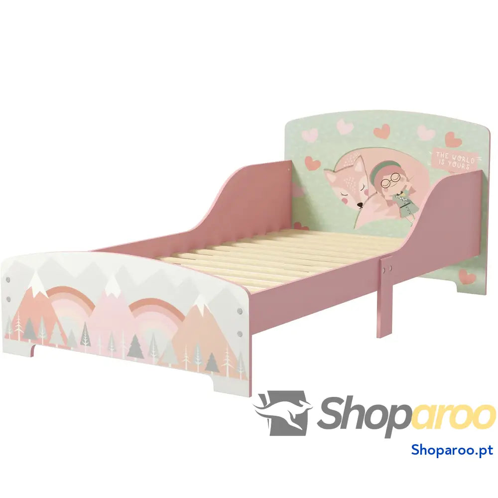 Cama para Crianças de Madeira com Barreira Proteção e Estampados Carga Máx. 40 kg 143x77x60 cm Rosa