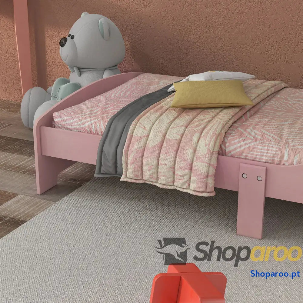 Cama para Crianças de Madeira com Barreira Proteção e Estampados Carga Máx. 40 kg 143x77x60 cm Rosa