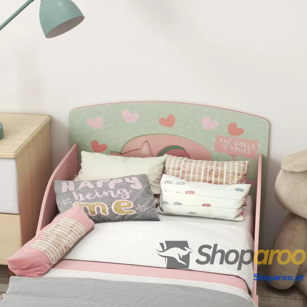 Cama para Crianças de Madeira com Barreira Proteção e Estampados Carga Máx. 40 kg 143x77x60 cm Rosa
