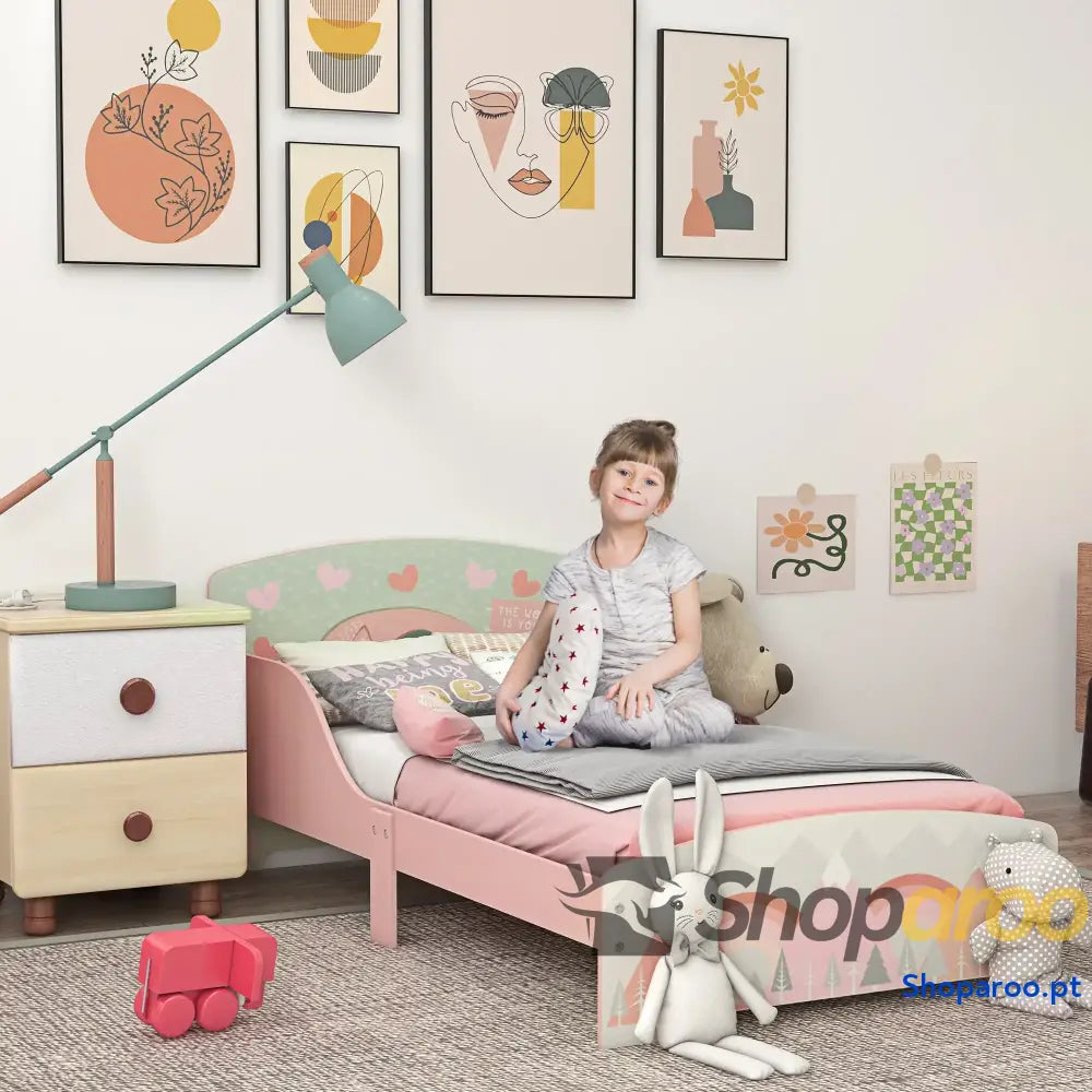 Cama para Crianças de Madeira com Barreira Proteção e Estampados Carga Máx. 40 kg 143x77x60 cm Rosa