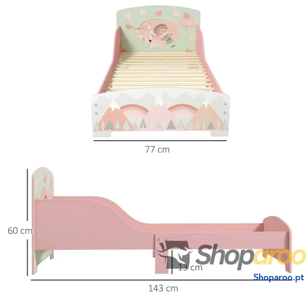 Cama para Crianças de Madeira com Barreira Proteção e Estampados Carga Máx. 40 kg 143x77x60 cm Rosa