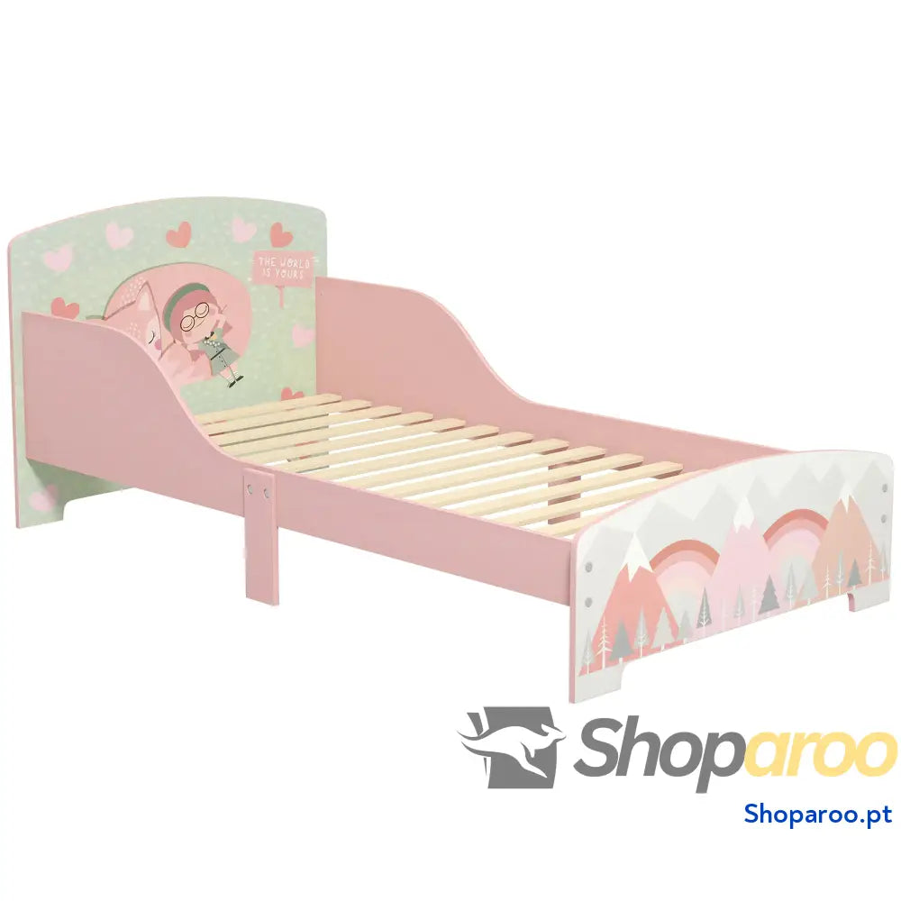Cama para Crianças de Madeira com Barreira Proteção e Estampados Carga Máx. 40 kg 143x77x60 cm Rosa