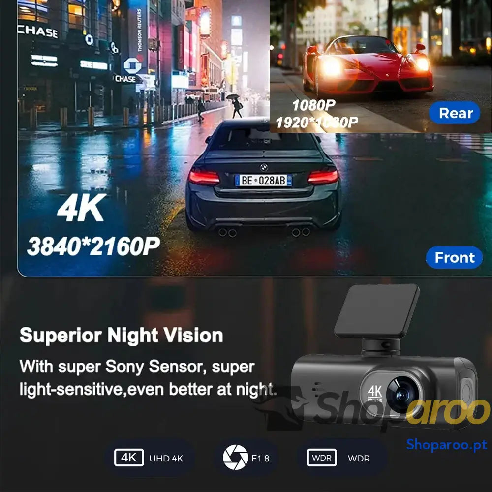 Câmara Auto UHD 4K com WiFi e câmara traseira 1080p opcional