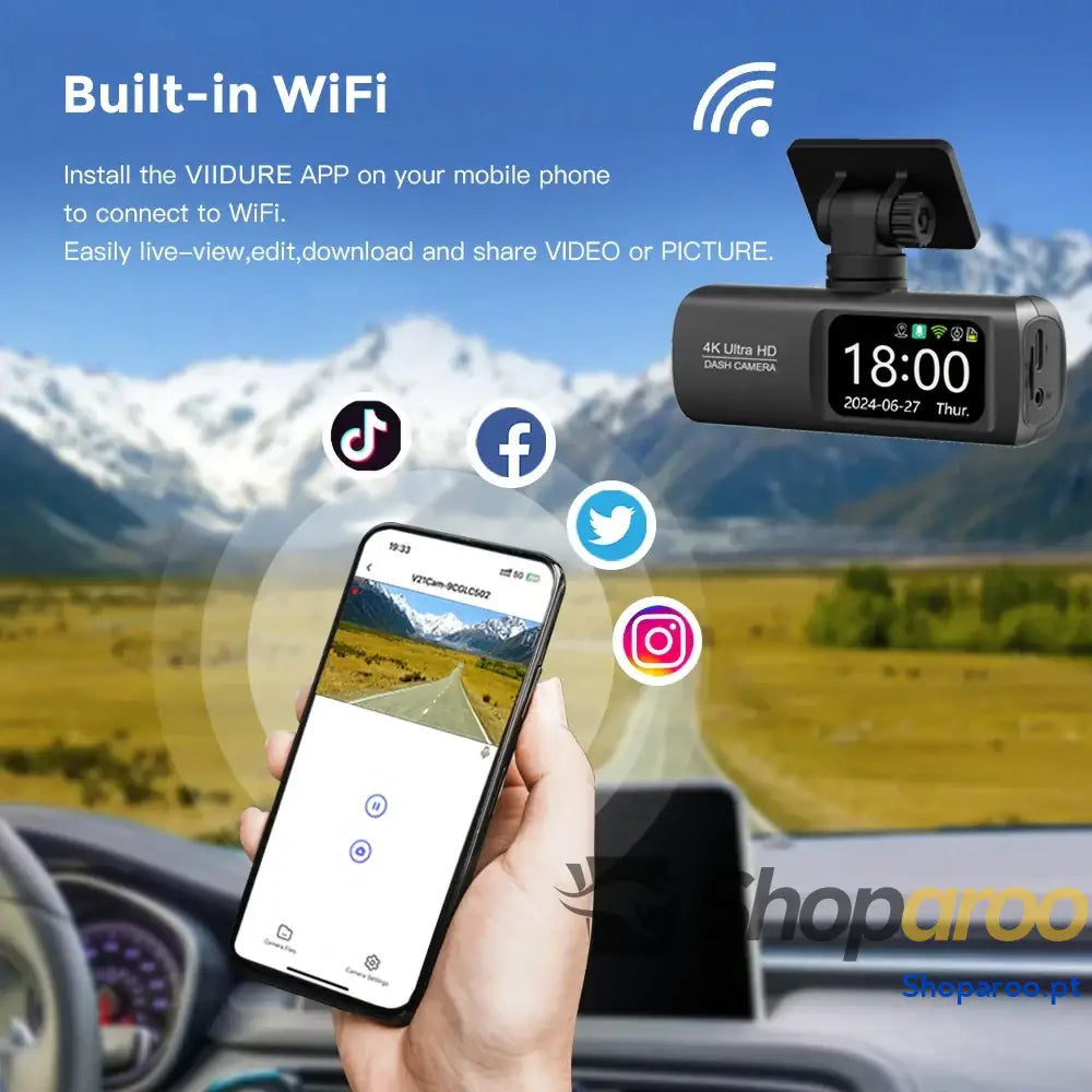 Câmara Auto UHD 4K com WiFi e câmara traseira 1080p opcional