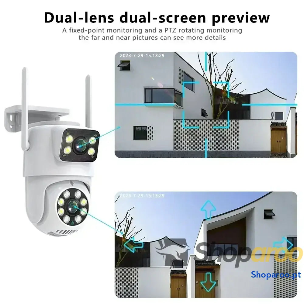 Câmara de Vigilância Exterior 4K Tuya Noturna com Lente Dupla PTZ WiFi