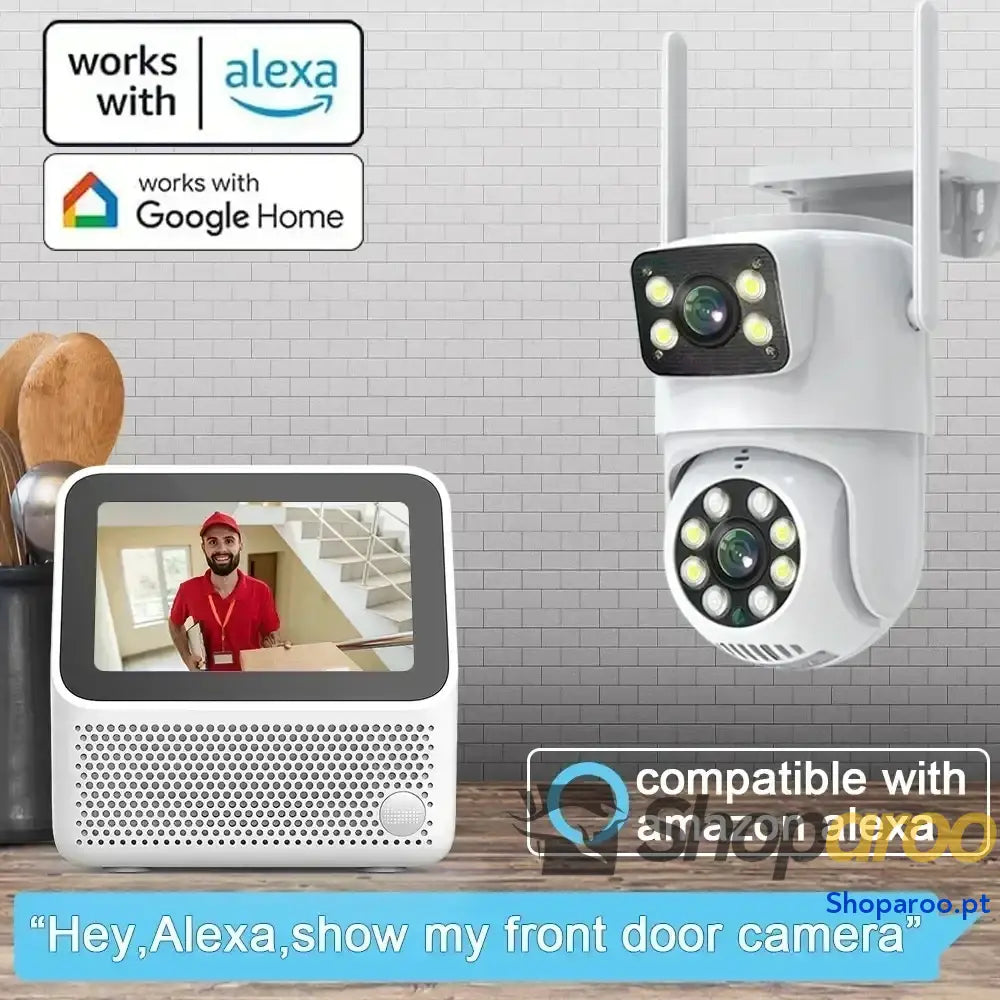 Câmara de Vigilância Exterior 4K Tuya Noturna com Lente Dupla PTZ WiFi