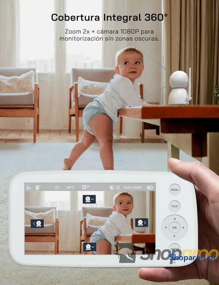 Câmara de vigilância para bebés 1080P com ecrã 5’’ 720P monitor câmara rotação 360° e zoom sem WiFi visão noturna