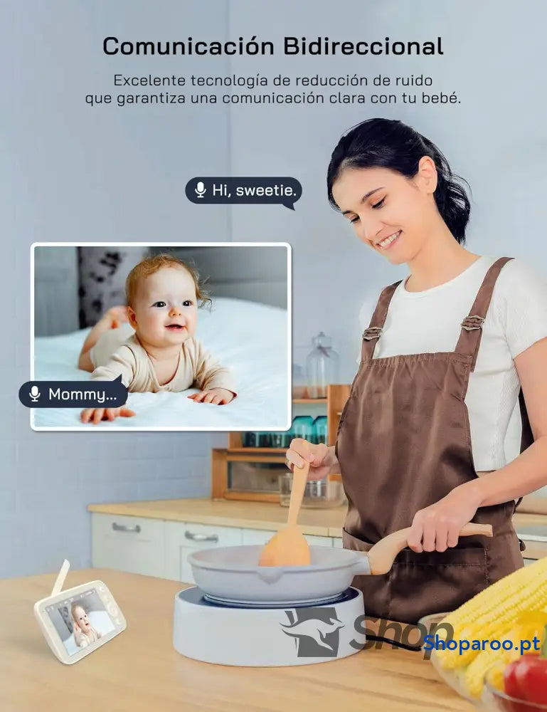 Câmara de vigilância para bebés 1080P com ecrã 5’’ 720P monitor câmara rotação 360° e zoom sem WiFi visão noturna