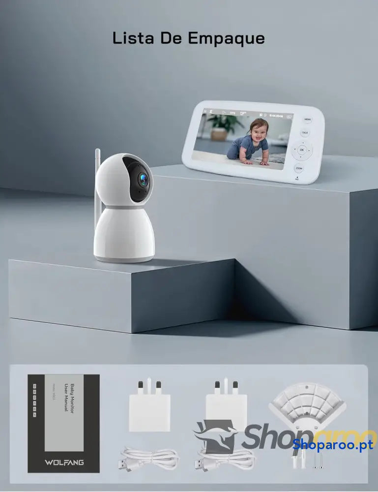 Câmara de vigilância para bebés 1080P com ecrã 5’’ 720P monitor câmara rotação 360° e zoom sem WiFi visão noturna