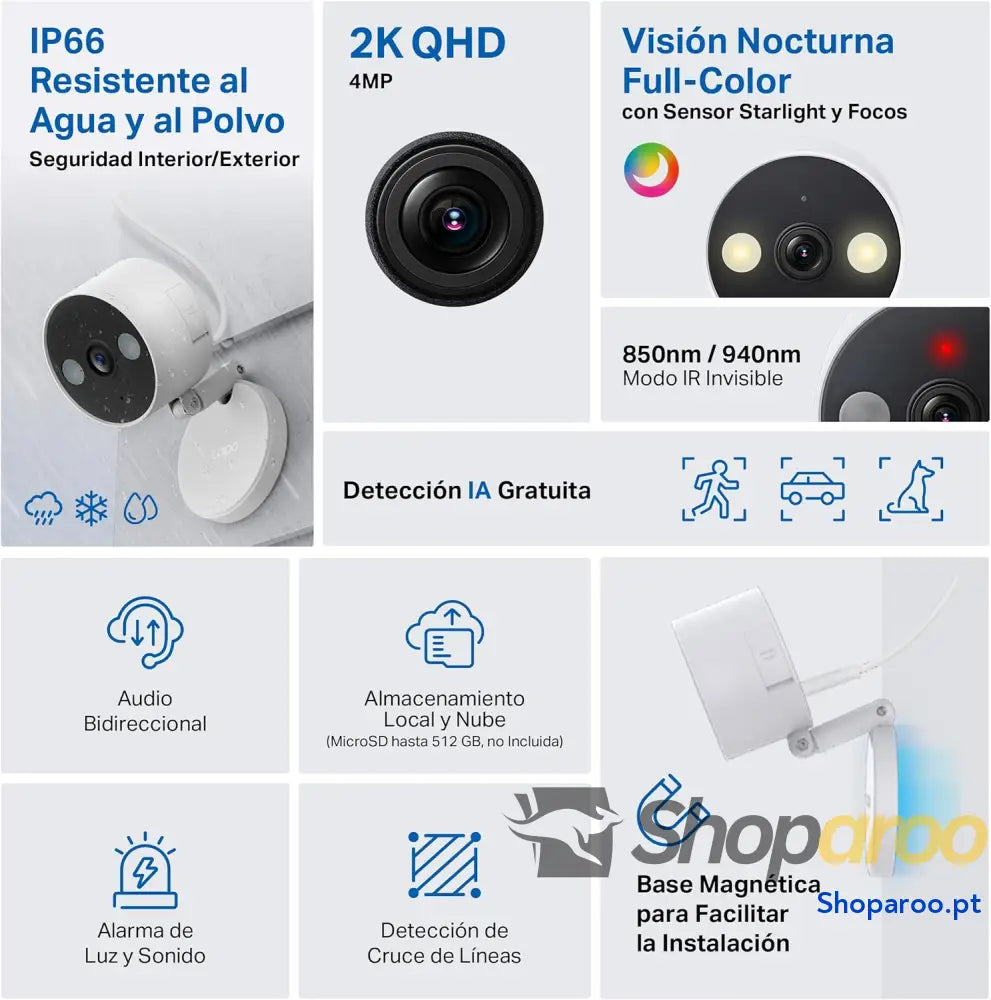 Câmara de vigilância para interior e exterior base magnética focos duplos suporta cartão SD até 512 GB IP66 compatível