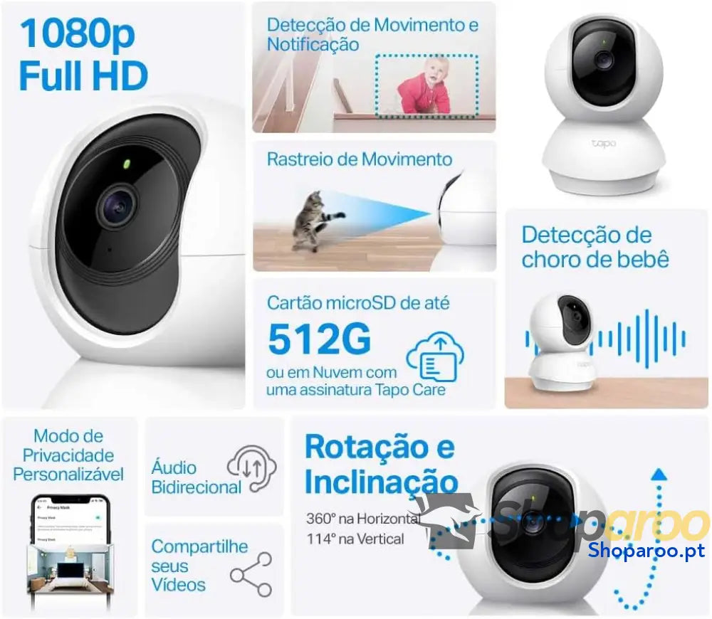 Câmara IP WiFi 360° de Vigilância FHD 1080p Visão Noturna Notificações em Tempo Real Compatível com Cartão SD Detecção