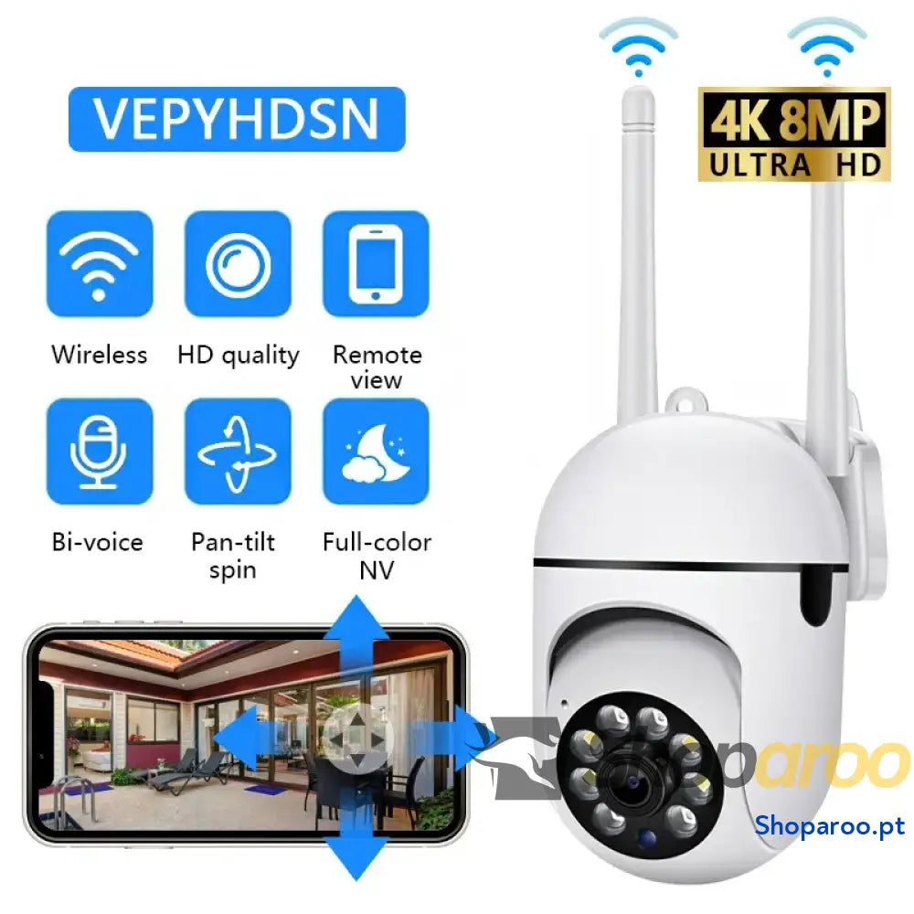 Câmara PTZ Wi-Fi 8MP com Zoom 4X Visão Noturna e Áudio Bidirecional