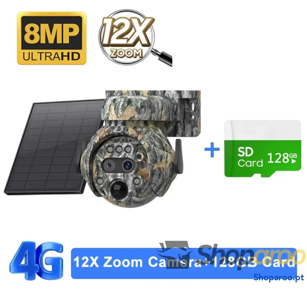 Câmara solar Shiwojia 4K 8MP 4G com zoom 12X e visão 360°