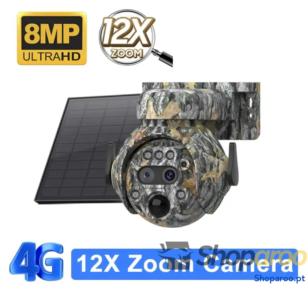 Câmara solar Shiwojia 4K 8MP 4G com zoom 12X e visão 360°