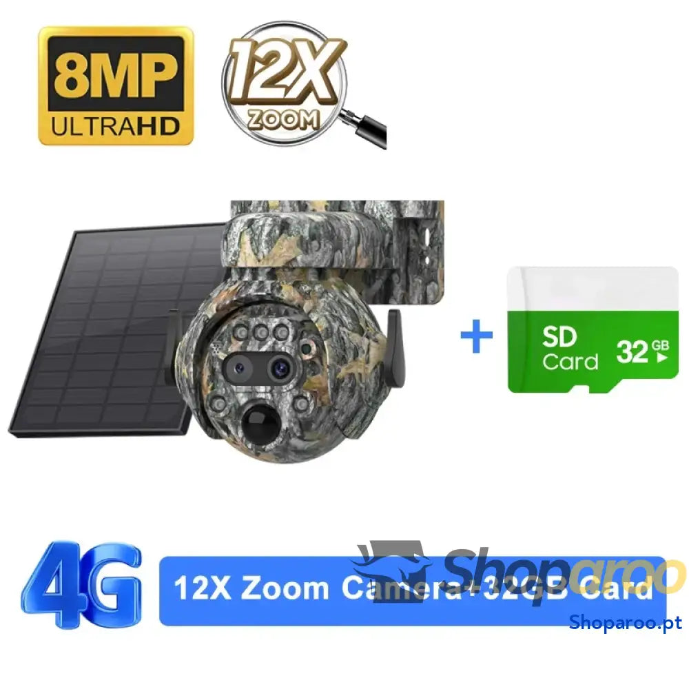 Câmara solar Shiwojia 4K 8MP 4G com zoom 12X e visão 360°