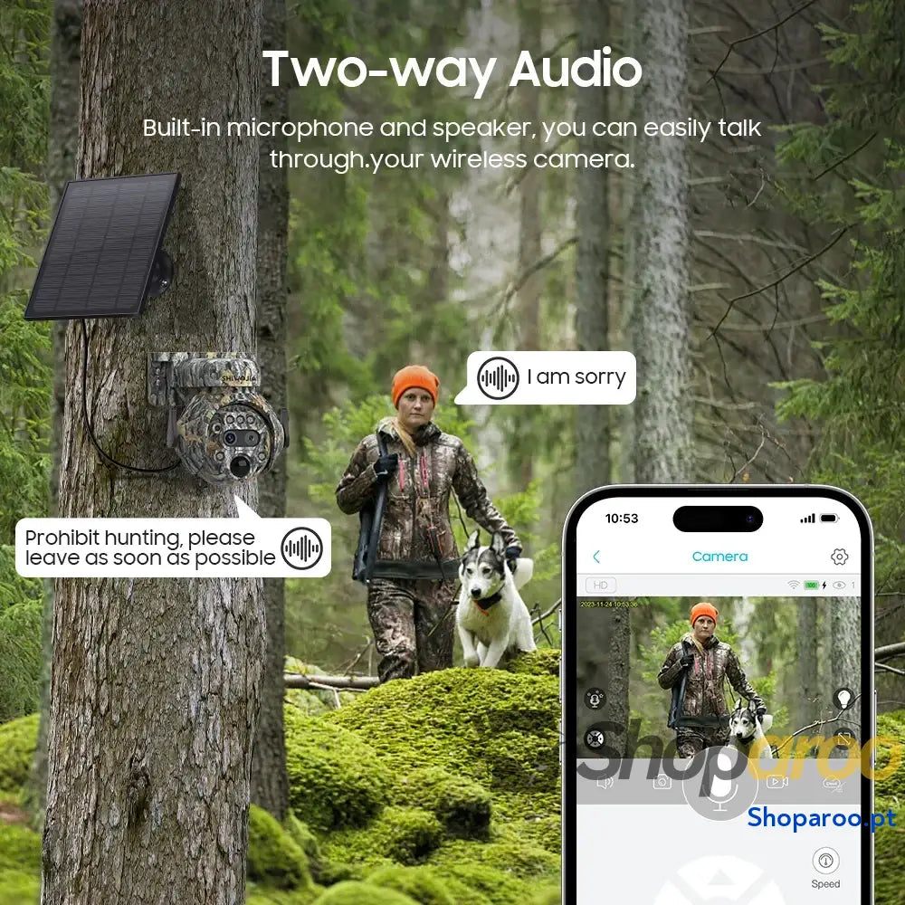 Câmara solar Shiwojia 4K 8MP 4G com zoom 12X e visão 360°