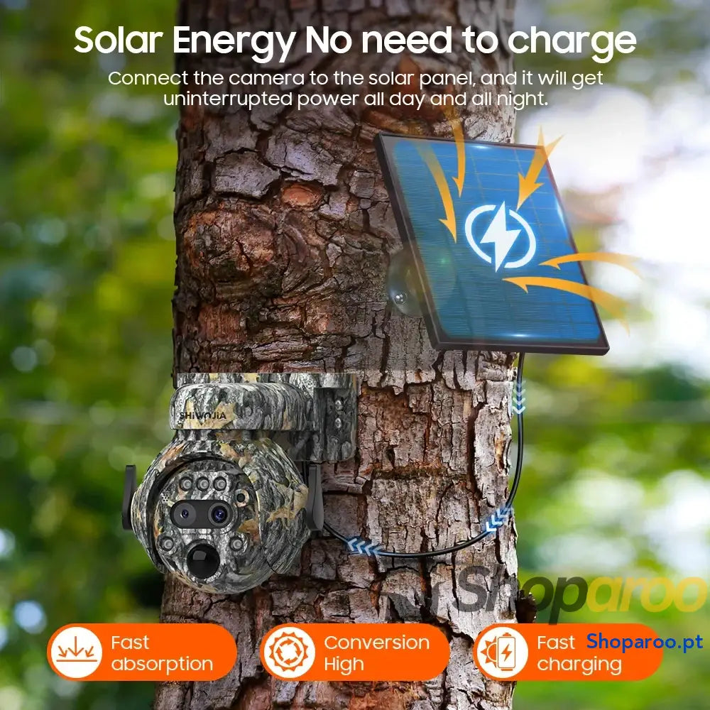 Câmara solar Shiwojia 4K 8MP 4G com zoom 12X e visão 360°