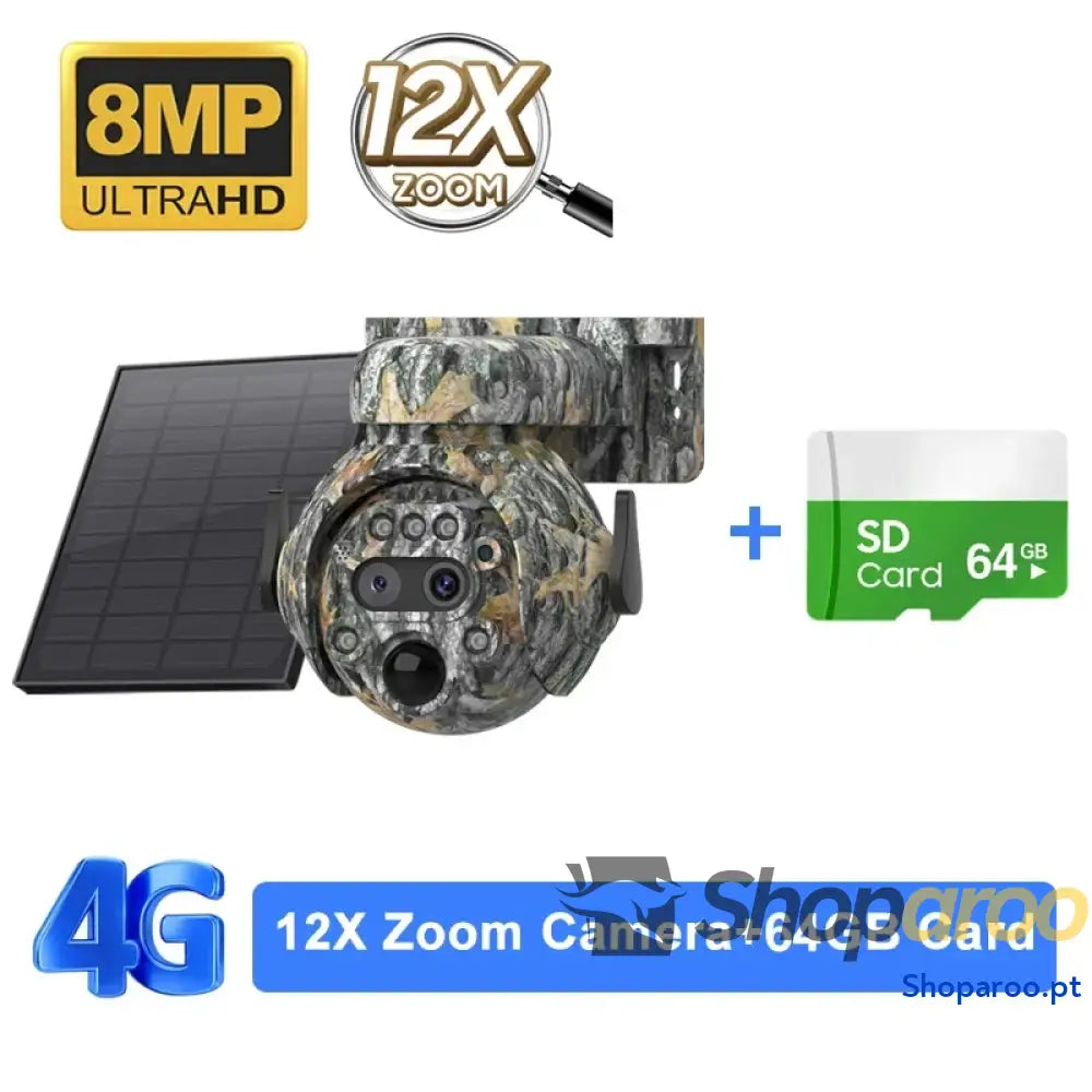 Câmara solar Shiwojia 4K 8MP 4G com zoom 12X e visão 360°