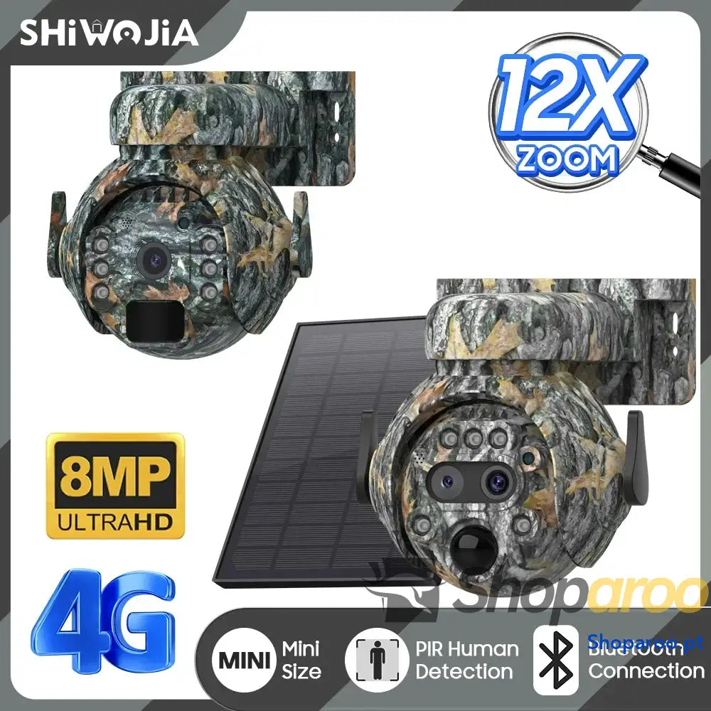 Câmara solar Shiwojia 4K 8MP 4G com zoom 12X e visão 360°