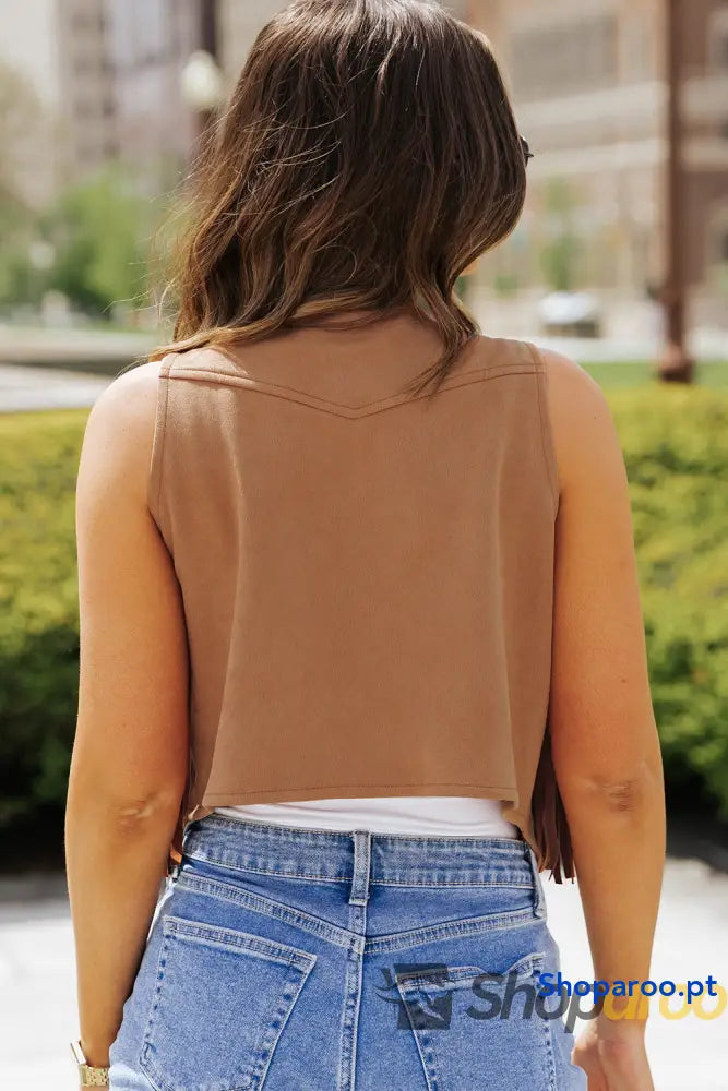 Camel Fringed Snap Button Front Suedette Vest
