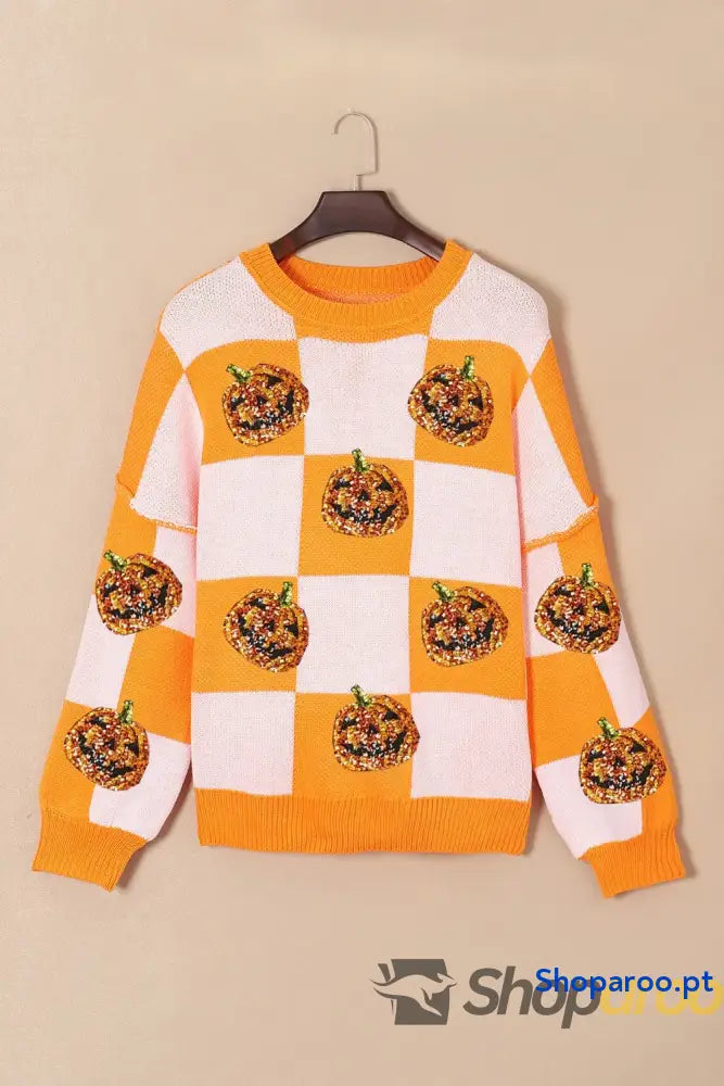 Camisola de manga comprida com gola redonda e xadrez abóbora