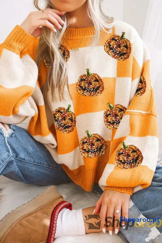 Camisola de manga comprida com gola redonda e xadrez abóbora