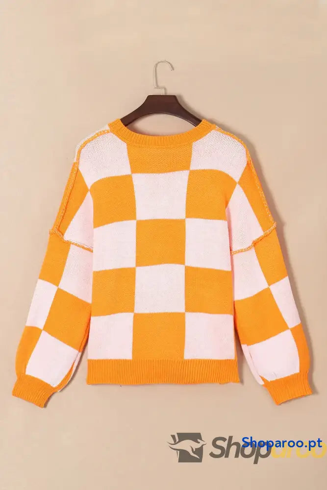 Camisola de manga comprida com gola redonda e xadrez abóbora