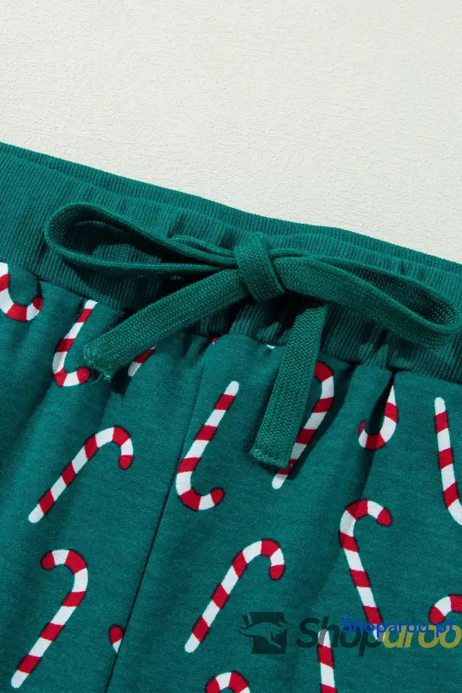 Candy Cane Print Round Neck Top and Pants Lounge Set